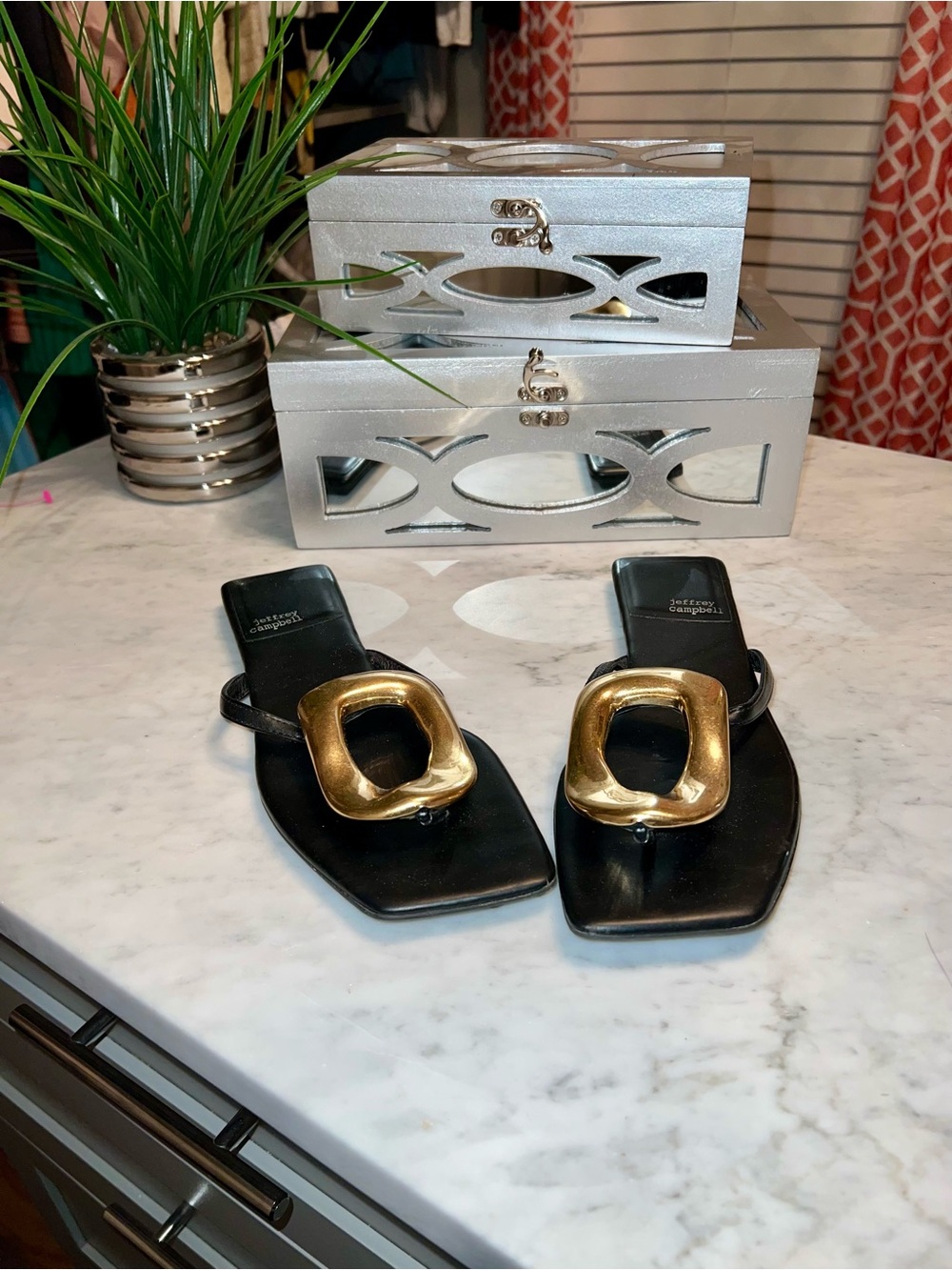 Jeffrey Campbell Black Leather flats with Gold Sculpted Buckle